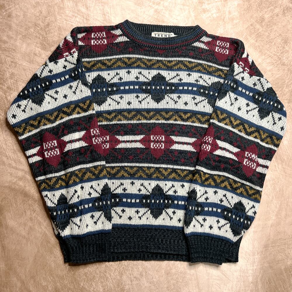 Vintage 90s Trend Basics Fair Isles Argyle Geometric Knit Sweater Multicolor